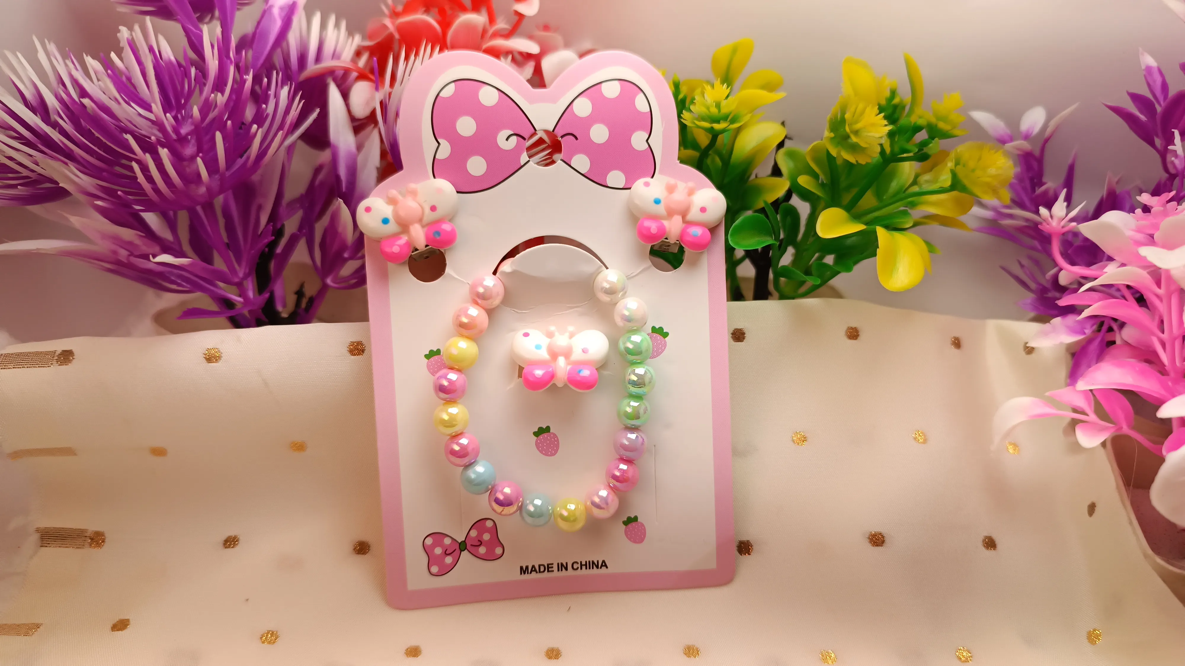 Kids' 4-Piece Pastel Jewelry Set – Includes Stretch Bracelet, Adjustable Ring, and Clip-On Earrings